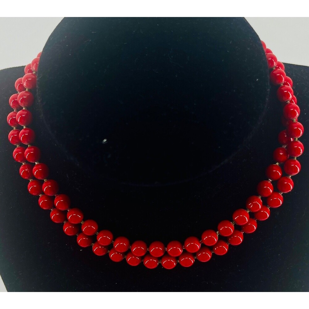 Oops A Daisy Signed Red Enamel Necklace Ball Chain Vintage Beads 25" Strand